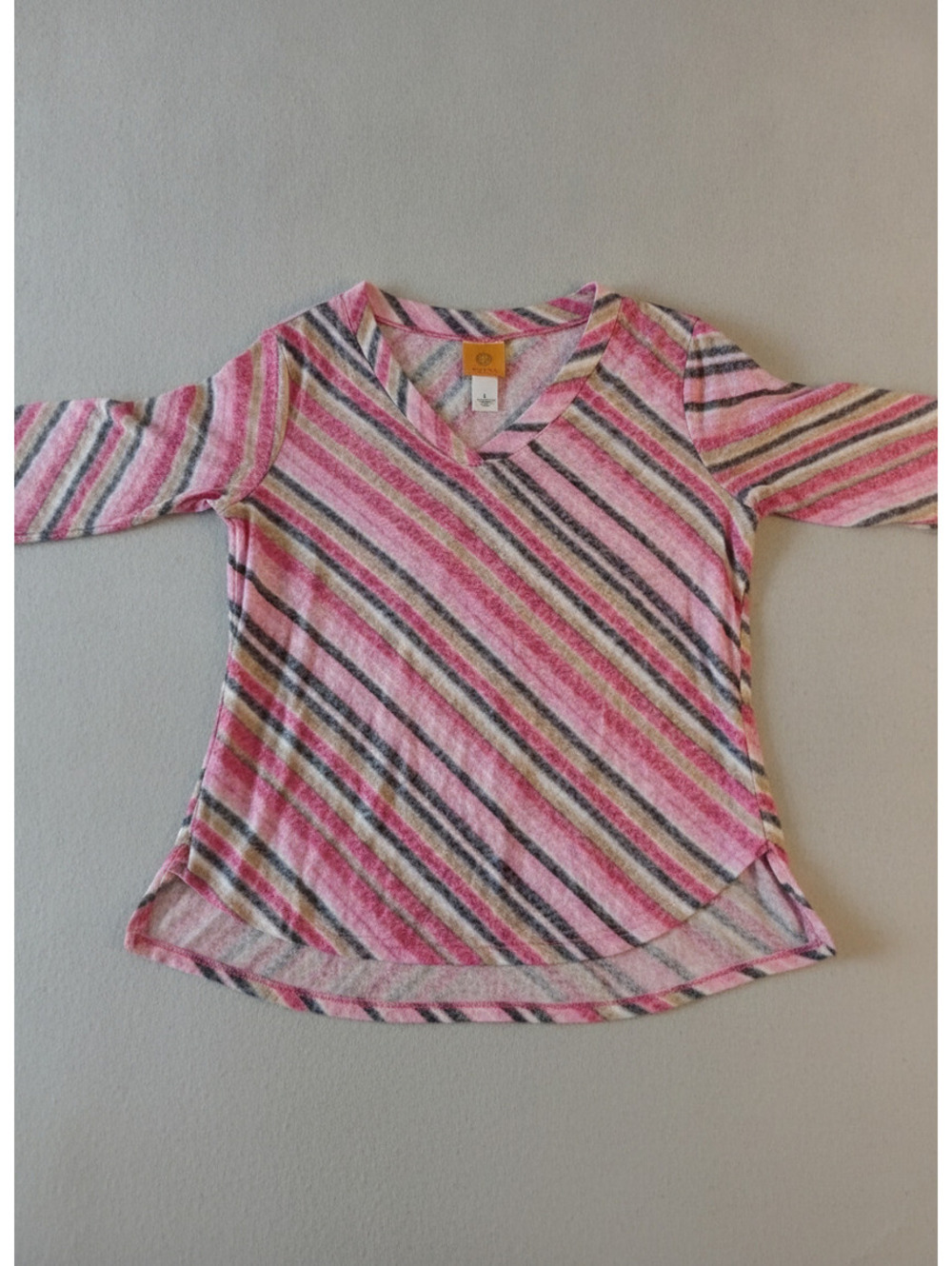 Caribbean Joe Women's Pink Striped V-Neck Long Sleeve Top Size Large